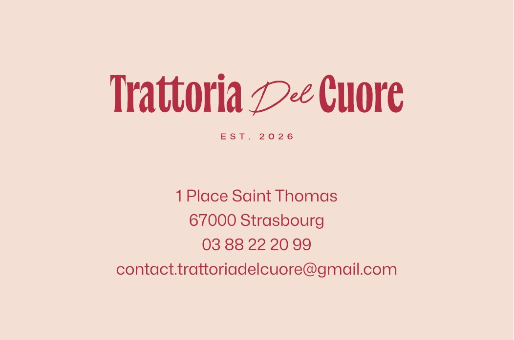 Verso de la carte de visite&nbsp;: logo et coordonnées en rouge sur fond beige